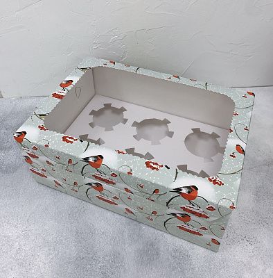 Коробка на 6 капкейков Снегири с окном 10х17х25 см