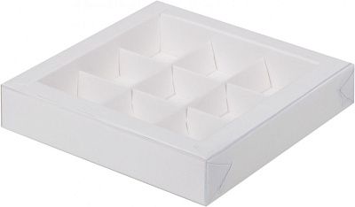 Коробка для 9 конфет Белая с пластиковой крышкой, 15,5х15,5х3 см