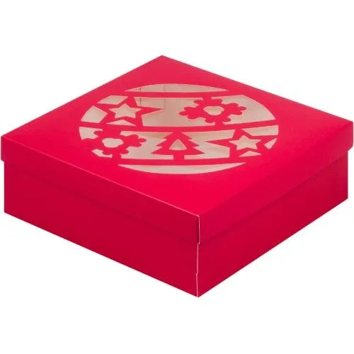 Коробка для зефира и пирожных Красная "Новогодний шар", 20х20х7 см