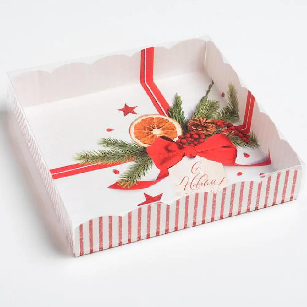 Коробка для кондитерских изделий с пластиковой крышкой "С Новым годом!", 15х15х3 см
