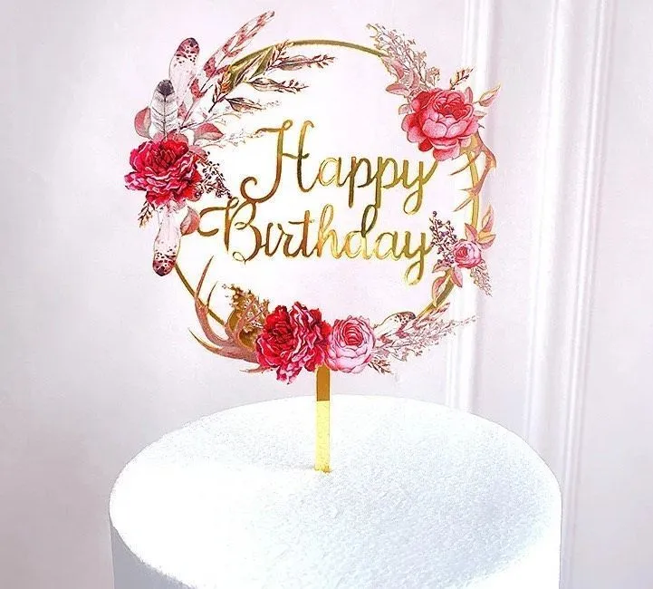Топпер "Happy Birthday" Акрил, цвет золотой  с розовыми цветами