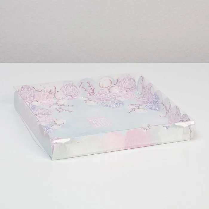 Коробка для кондитерских изделий с пластиковой крышкой "Мечтай", 21х21х3 см