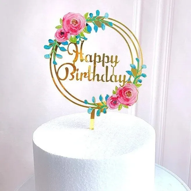 Топпер "Happy Birthday" Акрил, цвет золотой  с пионами