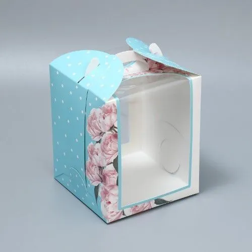 Коробка для бенто-торта и кулича "Пионы", 15х15х18 см
