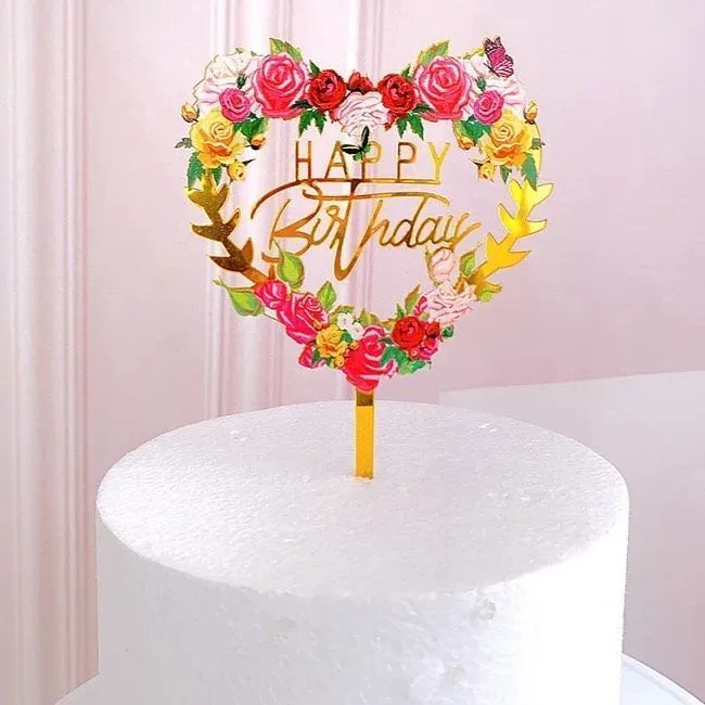 Топпер "Happy Birthday" Акрил, цвет золотой сердце с цветами