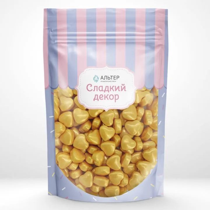 Посыпка Альтер сладкий декор Сердечки золото 3D большие, 50 гр