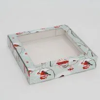 Коробка Снегири с окном 15х15х3 см микрогофрокартон