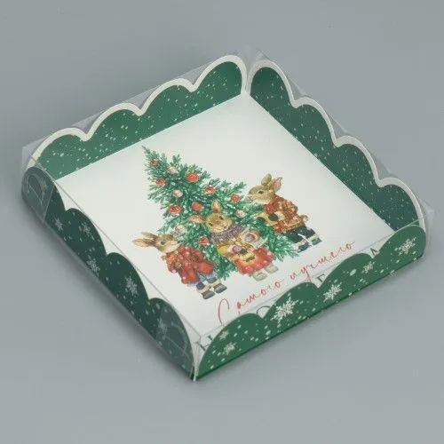 Коробка для кондитерских изделий с пластиковой крышкой "Зайчики", 13х13х3 см