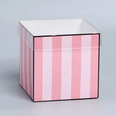 Коробка для пряничного букета с пластиковой крышкой Розовые полосы, 12х12х12 см