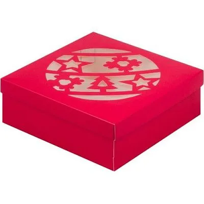 Коробка для зефира и пирожных Красная "Новогодний шар", 20х20х7 см