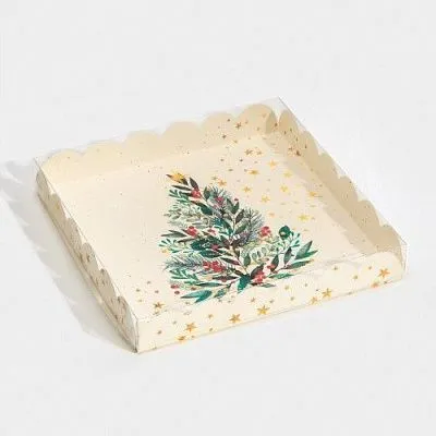 Коробка для кондитерских изделий с пластиковой крышкой "Елка", 21х21х3 см