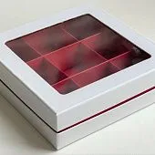 Коробка для 9 конфет Красная/Белая Премиум с окном, 16х16х4,5