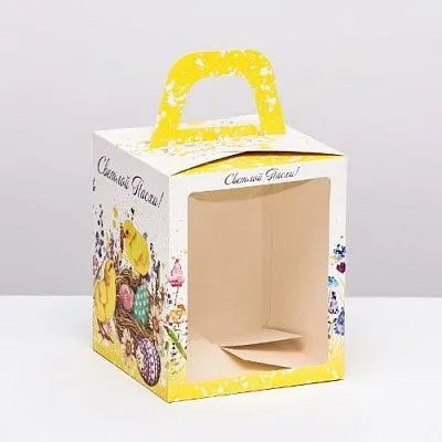 Коробка для кулича с ручками и окном "Цыплята", 15х15х18 см