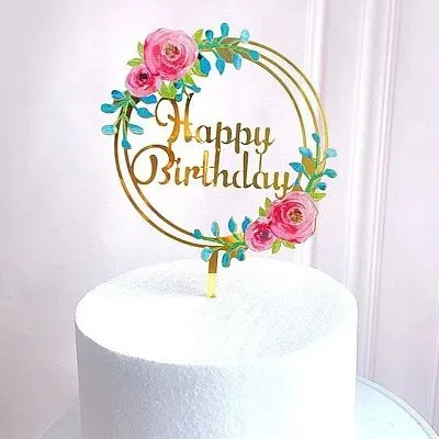 Топпер "Happy Birthday" Акрил, цвет золотой  с пионами