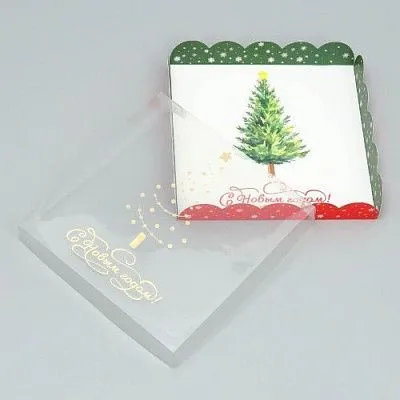 Коробка для кондитерских изделий с пластиковой крышкой "С Новым годом!", елочка, 18х18х3 см