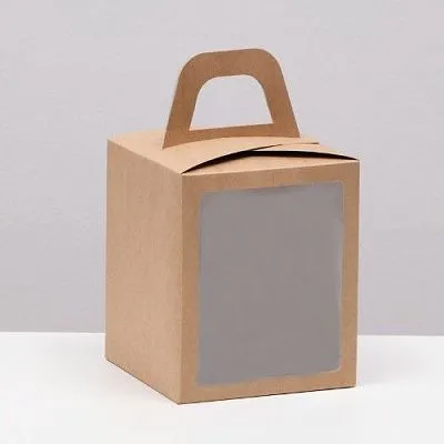 Коробка для кулича складная с ручками и окном Крафт, 15х15х18 см