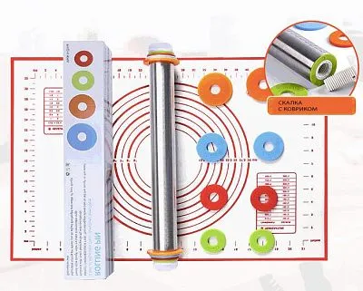 Скалка с ограничителями+силиконовый коврик 40х60, из нержавеющей стали (42х4,5 см)