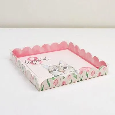 Коробка для кондитерских изделий с пластиковой крышкой "8 марта", 21х21х3 см