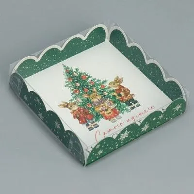 Коробка для кондитерских изделий с пластиковой крышкой "Зайчики", 13х13х3 см