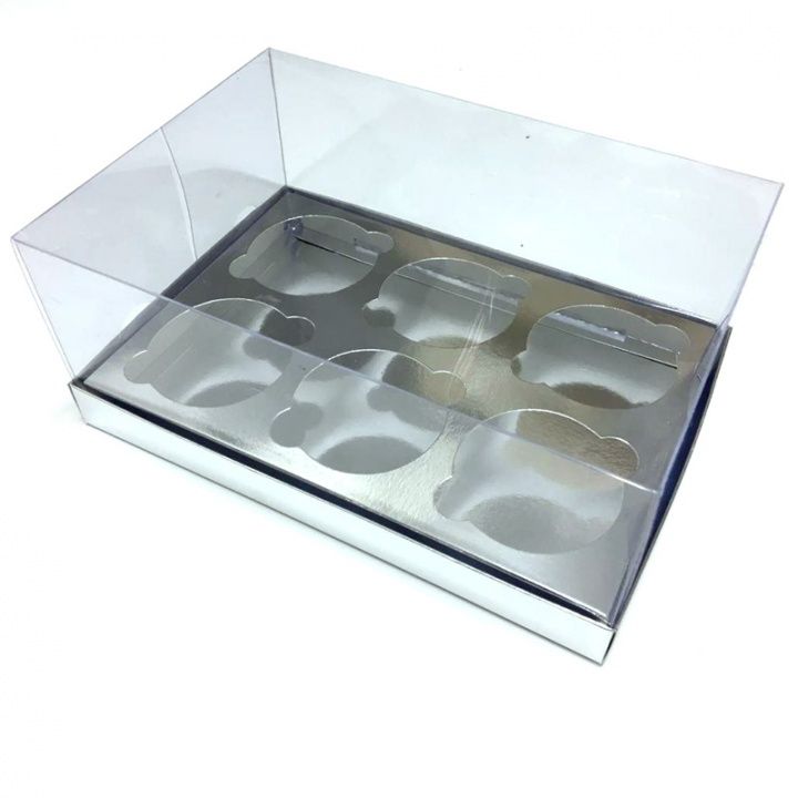 Коробка на 6 капкейков Премиум Серебро с пластиковой крышкой 10х16х23,5 см