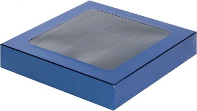 Коробка для 9 конфет Синяя с вклеенным окном 16х16х3 см