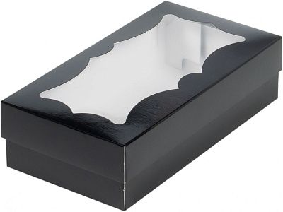 Коробка для пряников и зефира Черная с фигурным окном 21х10х5,5 см