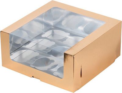 Коробка на 9 капкейков Золото с пластиковой крышкой, 23,5х23,5х11 см