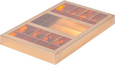 Коробка для 16 конфет и шоколадной плитки с пластиковой крышкой Золото, 30х19,5х3 см