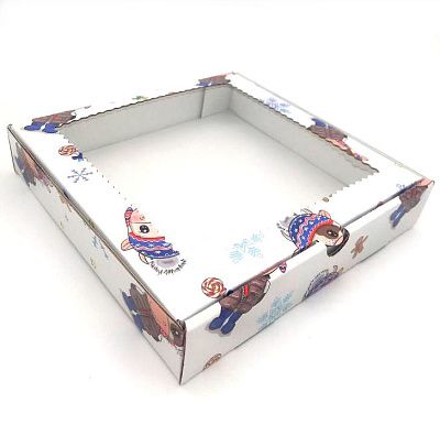 Коробка для пряников Новогодние Быки с окном 15х15х3 см гофрокартон