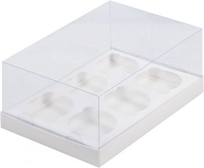 Коробка на 6 капкейков Премиум Белая с пластиковой крышкой, 10х16х23,5 см