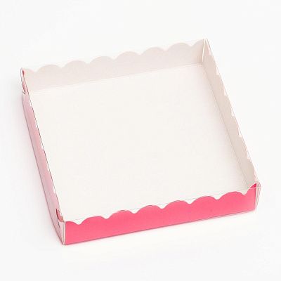 Коробка для пряников и печенья Розовая ажурная с пластиковой крышкой, 15х15х3 см