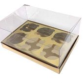 Коробка на 6 капкейков Премиум Золото с пластиковой крышкой 10х16х23,5 см