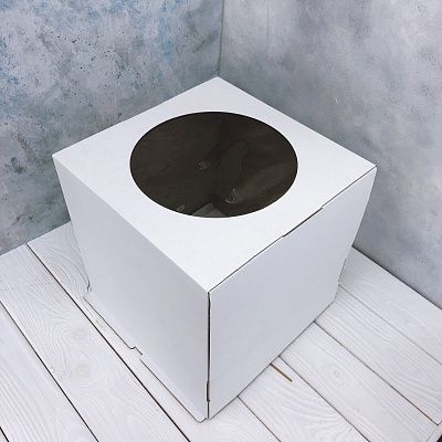 Коробка для торта Белая усиленная с круглым окном, 30х30х30 см