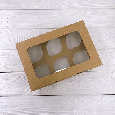 Коробка на 6 капкейков Белая с окном, 25х17х10 см