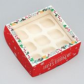 Коробка складная на 9 капкейков с окном "Теплых праздников!", 25х25х10 см