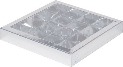 Коробка для 16 конфет Серебро с пластиковой крышкой 20х20х3 см