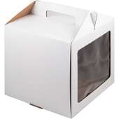 Коробка для торта Белая с ручками и окном, 26х26х28 см