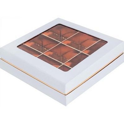 Коробка для 9 конфет Белая/Золото Премиум с окном, 16х16х4,5 см
