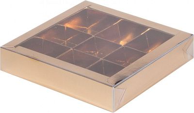 Коробка для 9 конфет Золото с пластиковой крышкой, 15,5х15,5х3 см