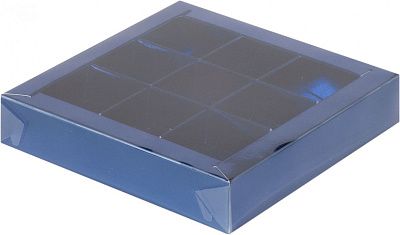 Коробка для 9 конфет Синяя с пластиковой крышкой 16х16х3 см