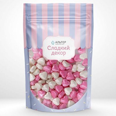 Посыпка Альтер сладкий декор Сердечки белые/розовые 3D 50 гр
