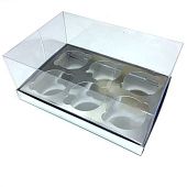 Коробка на 6 капкейков Премиум Серебро с пластиковой крышкой 10х16х23,5 см