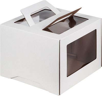 Коробка для торта белая с ручками и окном, 26х26х20 см